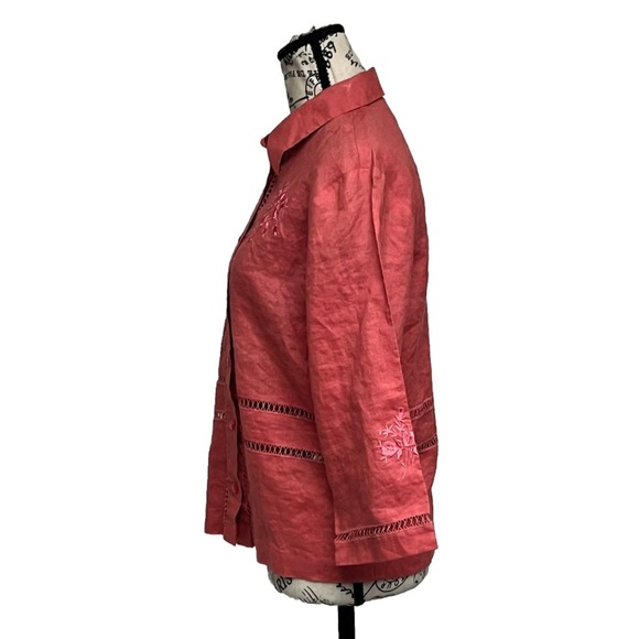 Jordan Coral Pink Button Up Linen 3/4 Blouse Modest Mature Beach Coastal M Boho - Picture 3 of 8